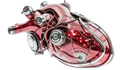A high-tech robotic heart implant with pulsating energy cores and synthetic tubing, designed for enhanced endurance, isolated on a white background