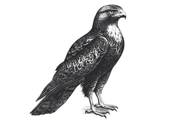 Old engraving style hawk in black sketch effect, vintage illustration, wildlife print, trendy design, bird art, white background, hand-drawn art, nature artwork.