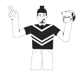 Bearded man holding vintage camcorder and making peace sign black and white 2D line character. Nostalgic video recording. Content creator isolated vector outline person. Monochrome spot illustration