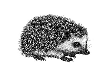 Vintage art, animal print hand-drawn hedgehog, black sketch effect, trendy illustration in old engraving style, white background