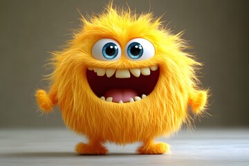 Fototapeta premium Cheerful Yellow Furry Monster - 3D Cartoon Character
