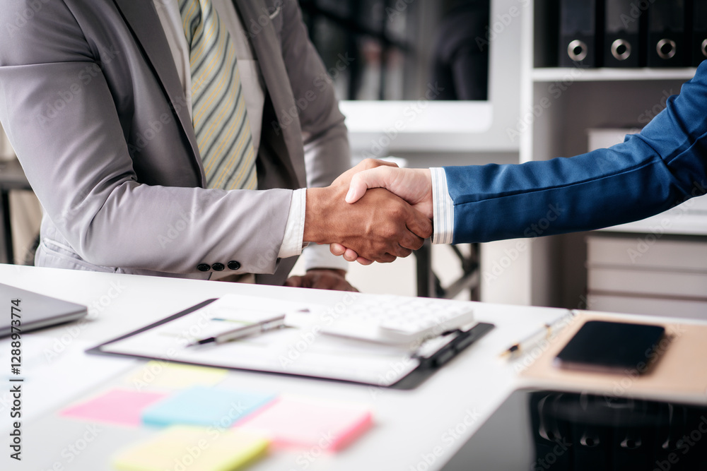Poster a man shakes hands with another man in a business setting