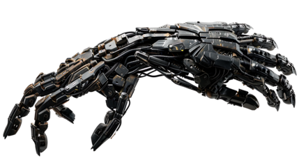 A robotic hand with intricate joints and mechanical fingers, reaching forward, isolated on a white background