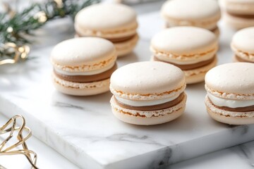 Obraz premium french patisserie Delicate macarons arranged on a marble surface, showcasing a creamy filling and festive decor.