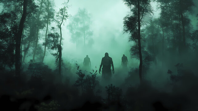 Mysterious forest with glowing ghostly figures and dense fog. Shadowy Figure in Fog. Illustration