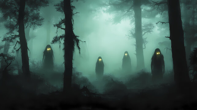 Mysterious forest with glowing ghostly figures and dense fog. Shadowy Figure in Fog. Illustration