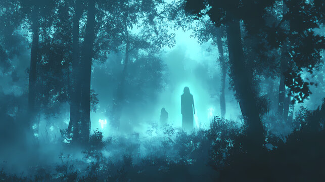 Mysterious forest with glowing ghostly figures and dense fog. Shadowy Figure in Fog. Illustration