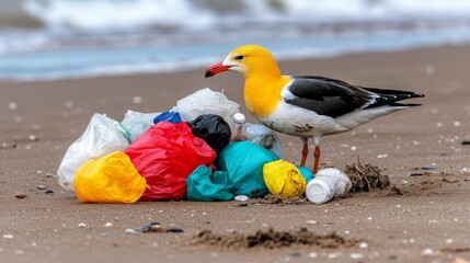 Obraz premium Un ave costera explora una montaña de basura colorida en la playa