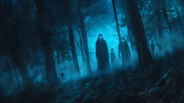 Mysterious forest with glowing ghostly figures and dense fog. Shadowy Figure in Fog. Illustration