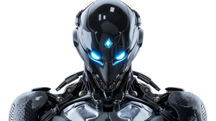 A futuristic humanoid robot with sleek metallic plating and glowing blue eyes, isolated on a white background