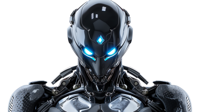 A futuristic humanoid robot with sleek metallic plating and glowing blue eyes, isolated on a white background