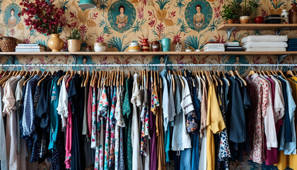 Clothing boutique wall display with hanging clothes garments accessories wallpaper background small business closet and shelves 