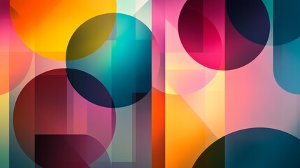Obraz premium Abstract background - overlapping circles, rectangles, and triangles with vibrant gradients. Semi-transparent shapes create depth and balance