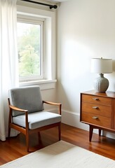 Fototapeta premium Midcentury modern interior design room with sleek furniture chair minimalist scandinavian credenza chic wall space mockup