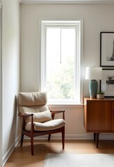 Midcentury modern interior design room with sleek furniture chair minimalist scandinavian credenza chic  wall space mockup