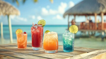 Bartender mezclando cócteles en una playa tropical durante una tarde soleada