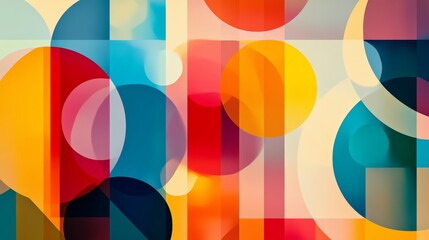 Obraz premium Abstract background - overlapping circles, rectangles, and triangles with vibrant gradients. Semi-transparent shapes create depth and balance
