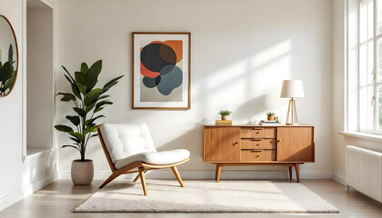 Midcentury modern interior design room with sleek furniture chair minimalist scandinavian credenza chic  wall space mockup