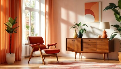 Midcentury modern interior design room with sleek furniture chair minimalist scandinavian credenza chic  wall space mockup