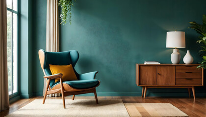 Midcentury modern interior design room with sleek furniture chair minimalist scandinavian credenza chic  wall space mockup