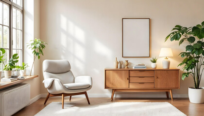 Fototapeta premium Midcentury modern interior design room with sleek furniture chair minimalist scandinavian credenza chic wall space mockup