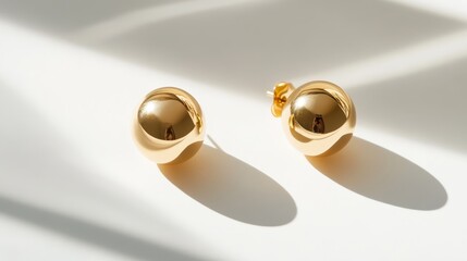  Golden stud earrings with soft shadows on a white surface