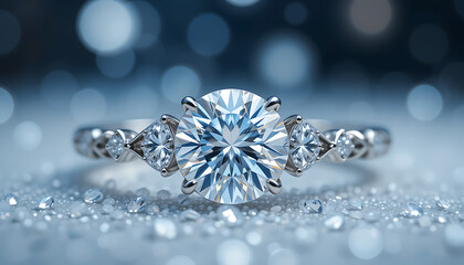 Fototapeta premium Silver Christmas engagement ring decoration on snow HD and 4k image