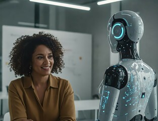 Human and Robot Interaction: A futuristic office setting depicts an African American businesswoman engaging with a sleek, modern robot. capturing the evolving landscape of technology.