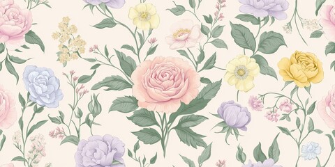 Romantic Pastel Spring Background. Floral pattern with pastel colors on light back...