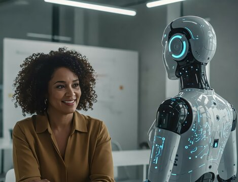 Human and Robot Interaction: A futuristic office setting depicts an African American businesswoman engaging with a sleek, modern robot. capturing the evolving landscape of technology.