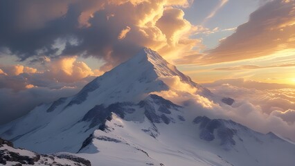 AI GENERATE, snow covered mountain peak with dramatic clouds and a golden sunrise. purpose for background. 
