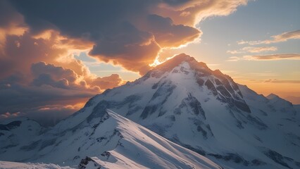 AI GENERATE, snow covered mountain peak with dramatic clouds and a golden sunrise. purpose for background. 