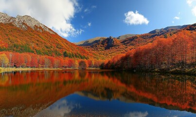 Fototapeta premium Autumn forest reflected in a calm mountain lake under blue skies