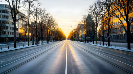 Empty City Street at Sunset in Winter