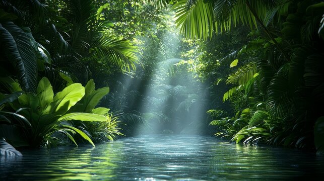 Exploring a serene river through a lush jungle nature’s hidden sanctuary forest oasis tranquil environment