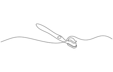 Obraz premium Single one line drawing toothbrush with toothpaste. Dental care equipment at home. Toothbush with a paste in continuous one line art style. Dental care concept. Simple vector illustration.