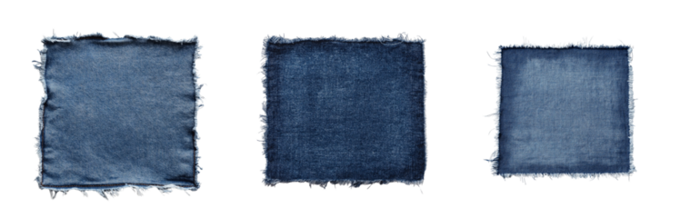 Denim square patch with frayed edges isolated on white or transparent background