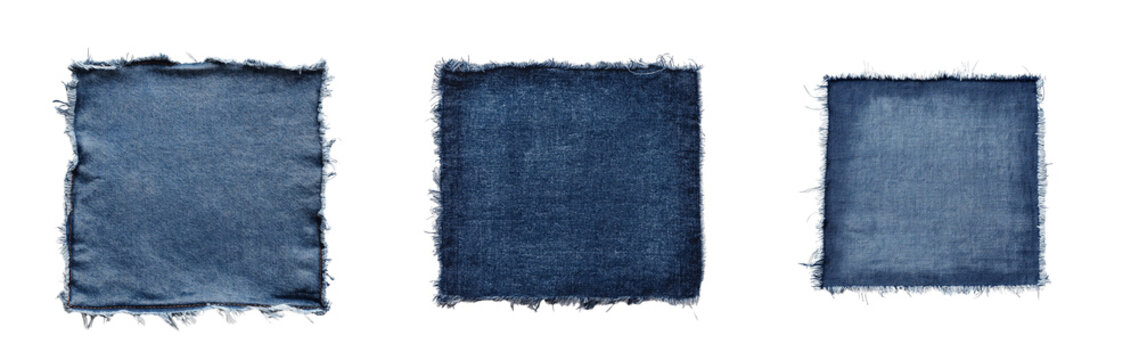 Denim square patch with frayed edges isolated on white or transparent background