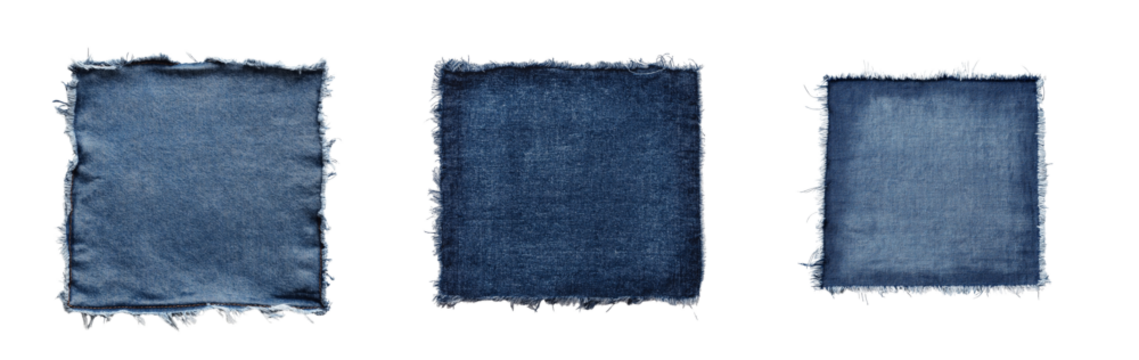 Denim square patch with frayed edges isolated on white or transparent background