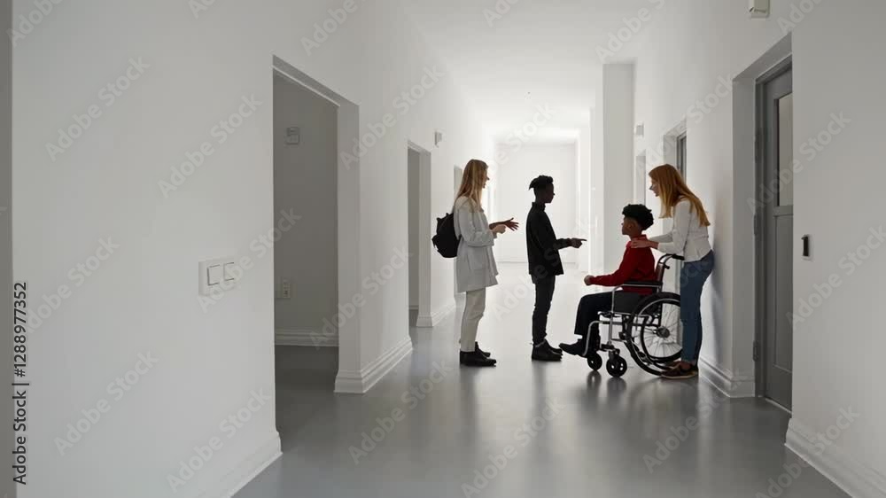 Poster Students engaging in conversation with wheelchair using classmate, showcasing inclusive interaction along white corridor during academic setting in slow motion