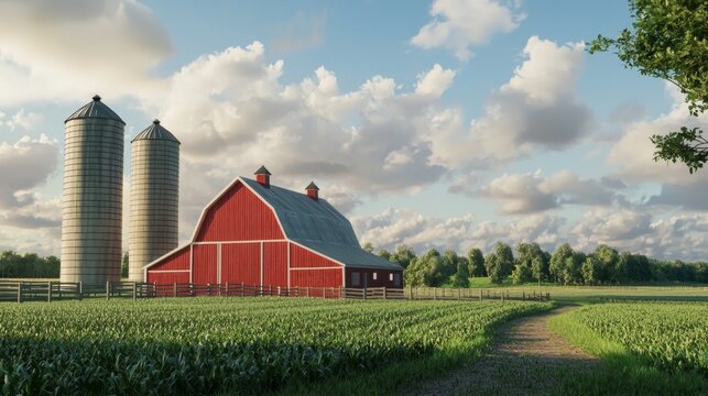 Scenic farm landscape with red barn, silos, lush green field, and vibrant blue sky with fluffy clouds in rural countryside setting