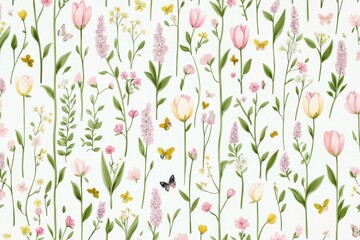 Romantic Pastel Spring Background. Floral pattern with butterflies and greenery