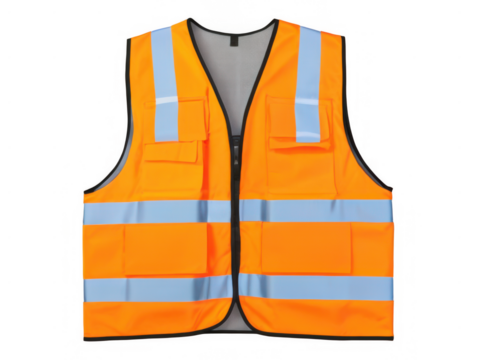 Chaleco de seguridad para obra, color naranja, con bandas reflectantes. PNG.