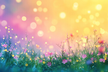 Beautiful multicolored spring meadow background with delicate wild flowers and bokeh lights 