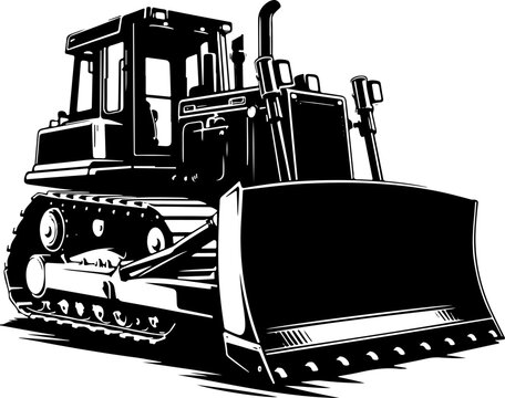 bulldozer silhouette vector on a transparent background, Powerful black and white silhouette of a bulldozer