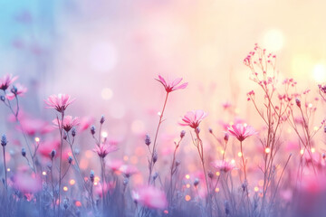 Beautiful multicolored spring meadow background with delicate wild flowers and bokeh lights 