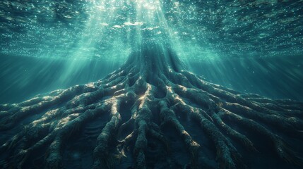 Obraz premium Giant trees with glowing roots in a jungle river nature scene underwater forest mysterious atmosphere