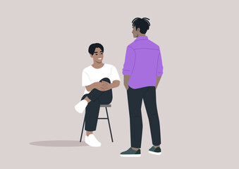 Two characters interact in a visually captivating moment, with one person seated on a chair and the other standing nearby, Their expressions convey engagement and interest