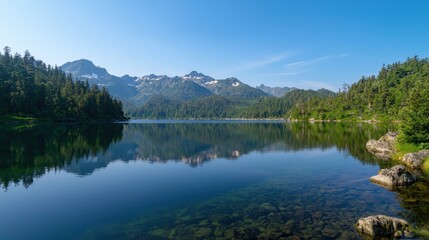 Serene Mountain Landscape with Clear Blue Lake and Reflections under Bright Blue Sky