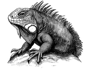 Hand-drawn iguana, old engraving style, black sketch effect, vintage art, animal print, trendy illustration, white background, wildlife sketch, retro art.
